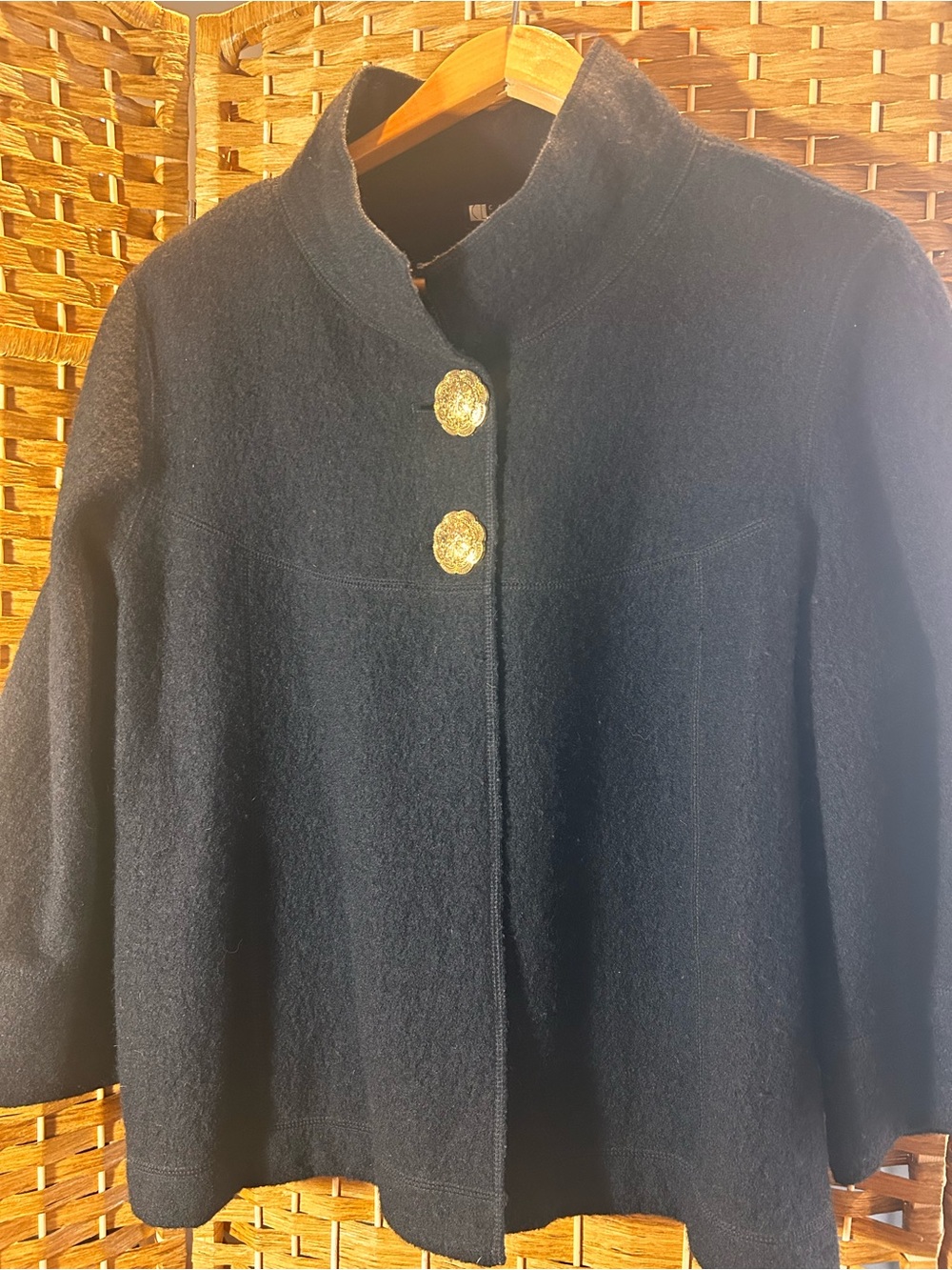 Black 100% Wool Jacket Gold Crest Buttons Stand Collar Carole Little L